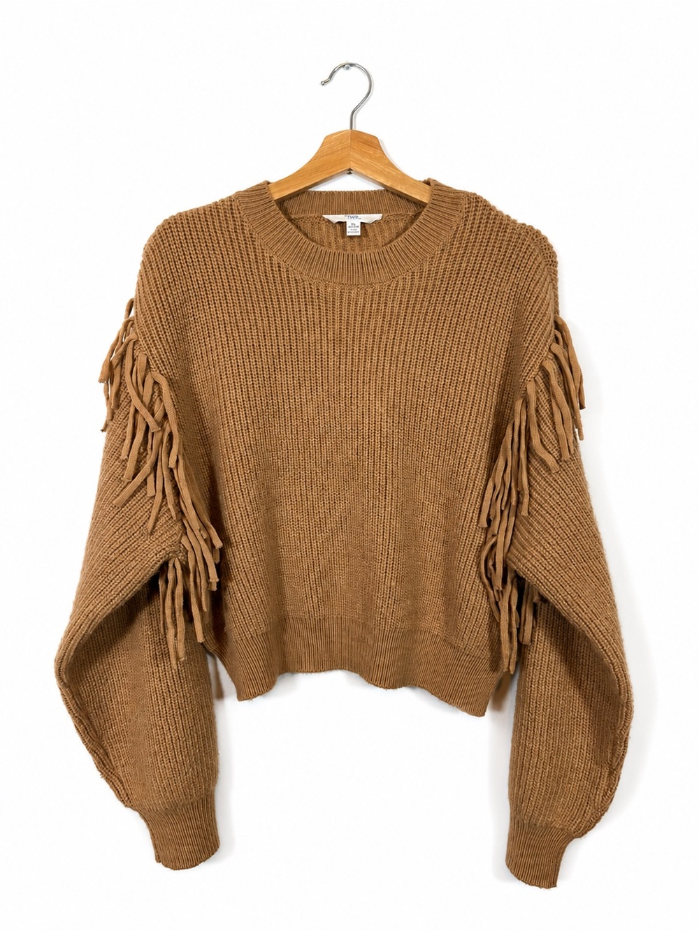 Time and Tru Fringe Cropped Knit Sweater Tan Boho Western Balloon Sleeve XL